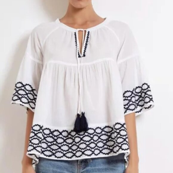 NWT Lola Australia Vacay Ova White Navy Embroidered Peasant Blouse Top Large - Picture 1 of 10